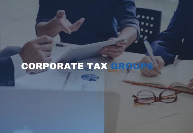 A group of people sitting at a table in the background with text overlay "CORPORATE TAX GROUPS"