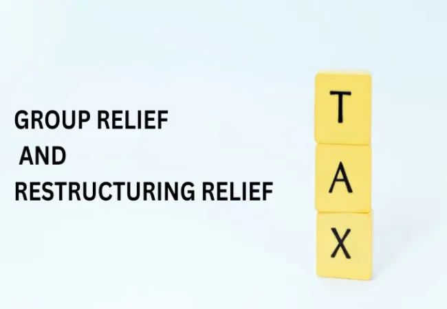 Yellow blocks stacked vertically spelling "tax" next to the phrases "group relief" and "restructuring relief" on a white background.