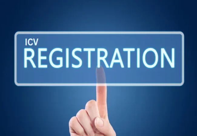 A finger pressing a virtual button that reads "icv registration" on a blue background.