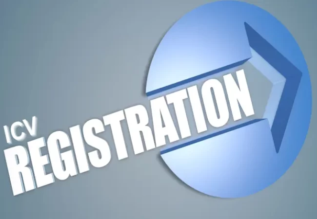 A stylized round button graphic with the word "icv registration" in capital letters and an arrow pointing towards the right.