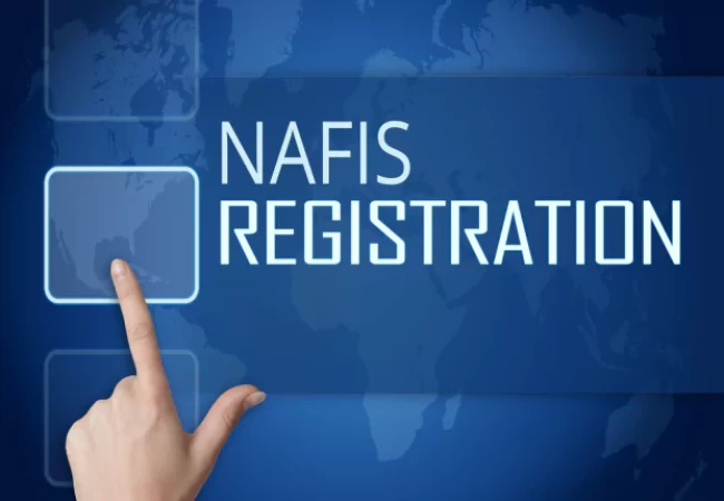 A finger is poised to press a virtual button on a screen with the words "nafis registration" highlighted, against a background featuring a world map