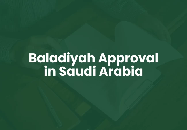 A person writing on a clipboard with  text overlay "Baladiyah approval in saudi arabia"