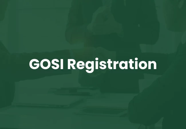 Business professionals shaking hands over a desk with text overlay "GOSI Registration"